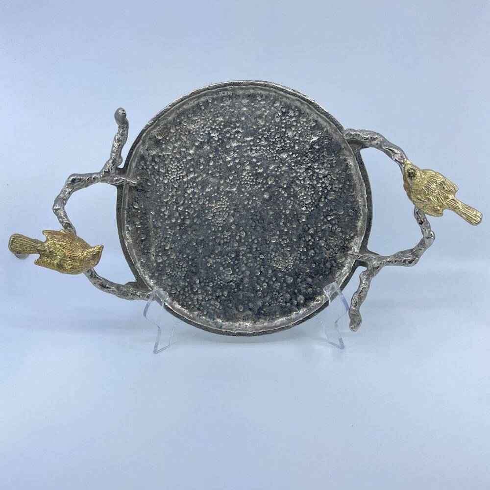 silver toned textured tray with gold tone bird adorned handles cast aluminum
